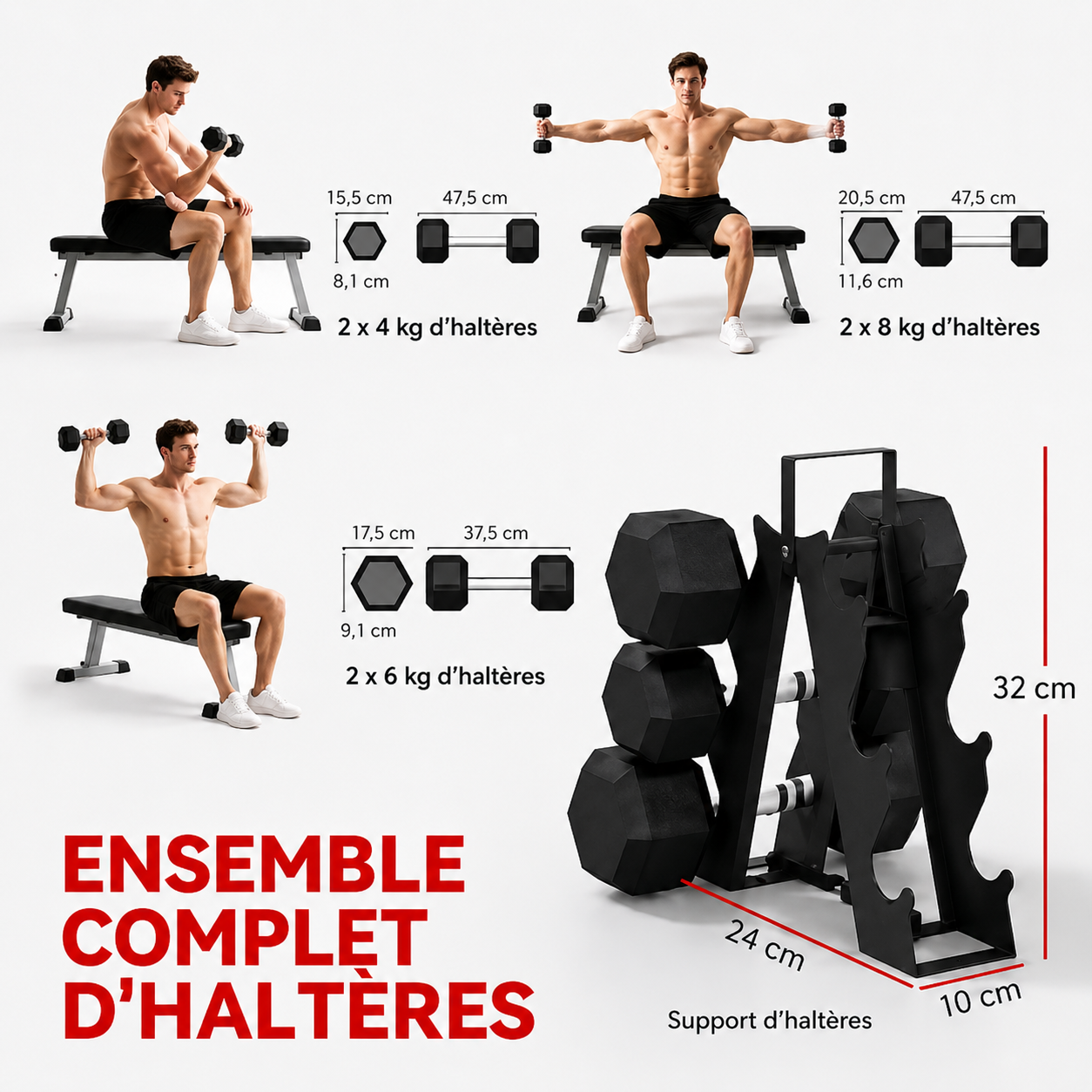 Set d’Haltères Hexagonaux avec Support de Rangement